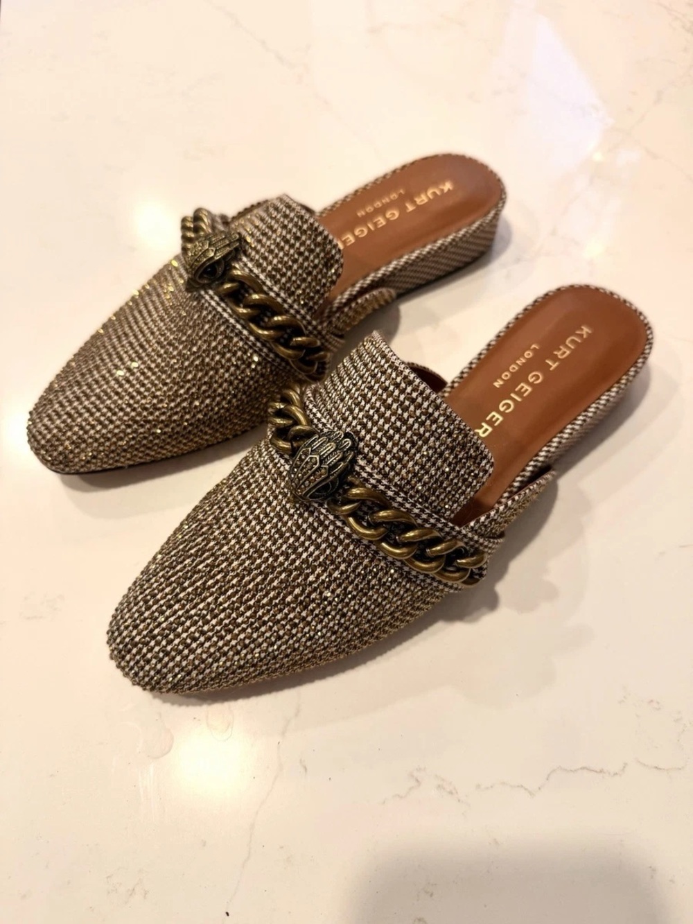Kurt Geiger Chelsea Mule Metallic Gold Braided-Chain Mules | Size 39